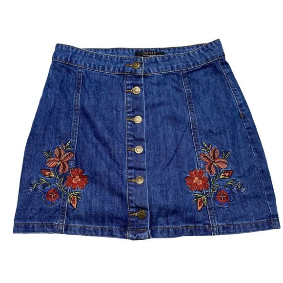Forever 21 Floral Embroidered Button Front Denim Bohemian Mini Skirt Sz M - Picture 1 of 11